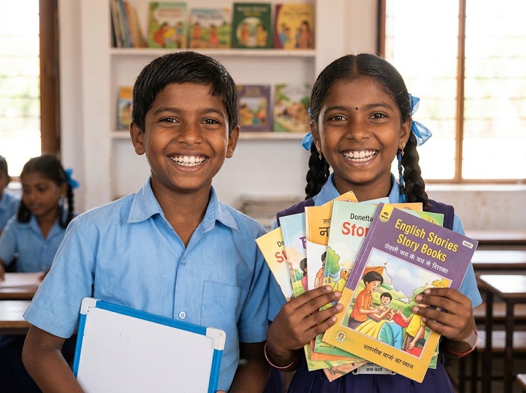 Happy students with books